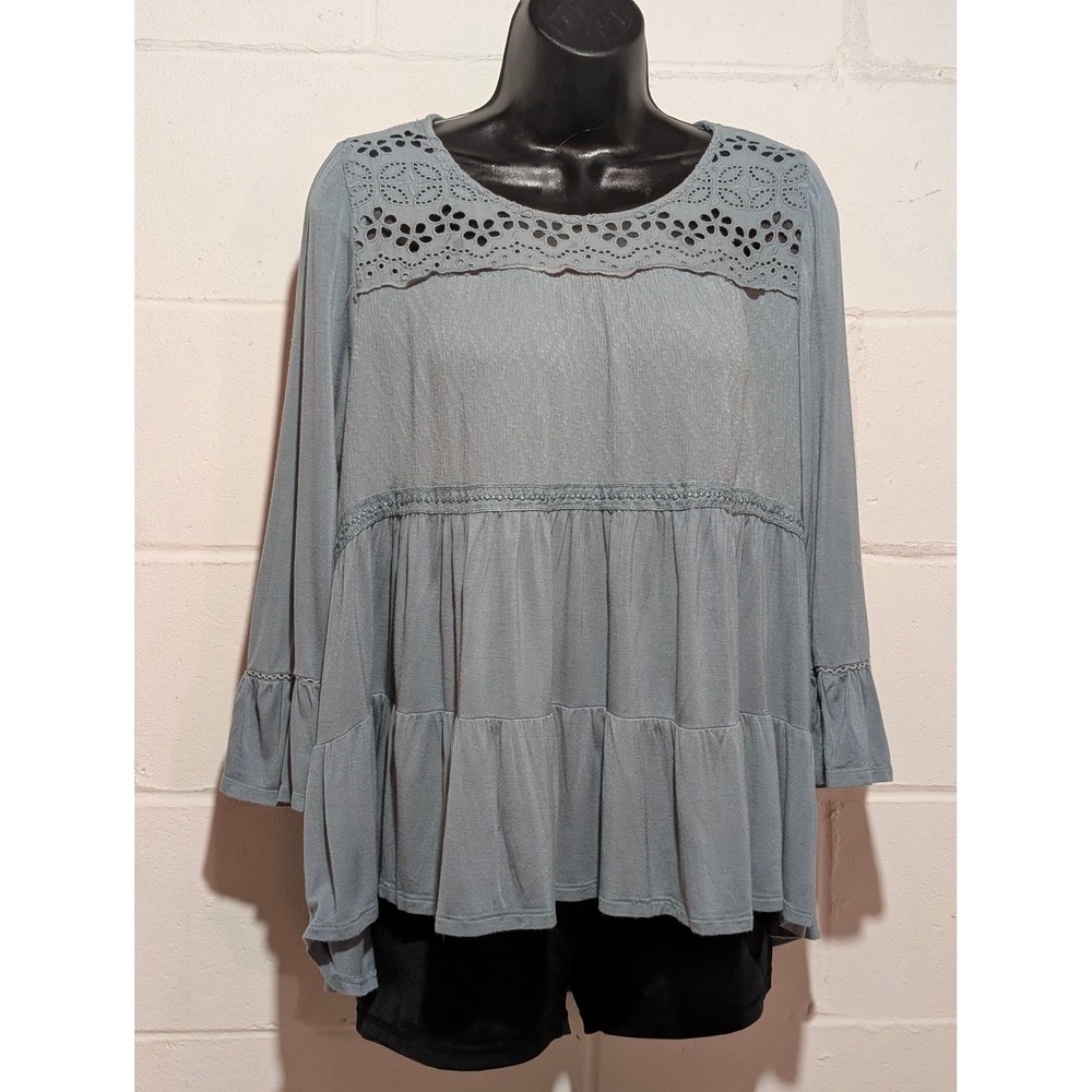 KNOX ROSE Blue Lace Eyelet Tiered Peasant Blouse Women's Size Medium Long Sleeve